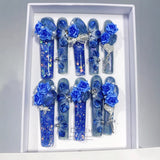 Ocean Blue Rose Sculpted Crystal Fantasy Press On Nails