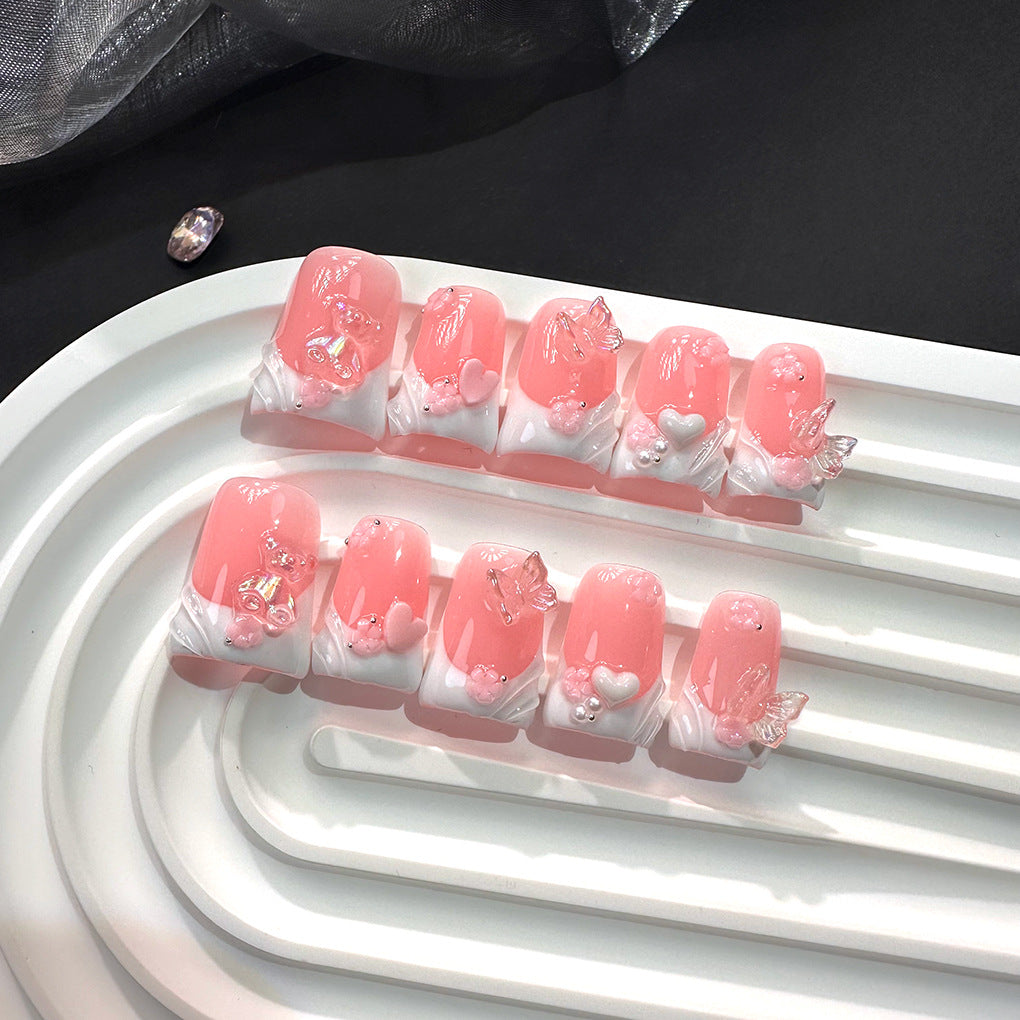 粉色果凍法式穿戴甲，熊與蝴蝶點綴
