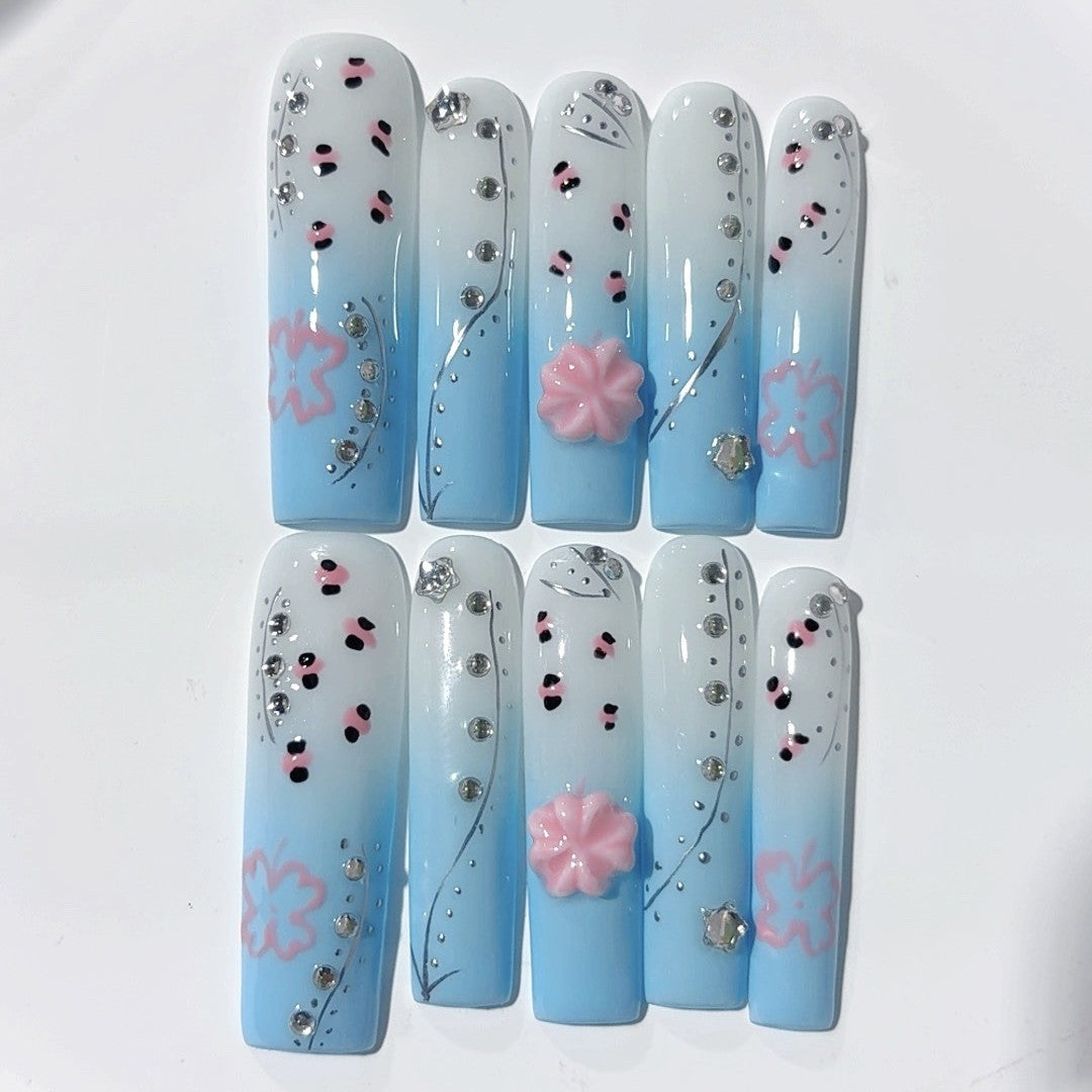 Blue Ombre Floral Crystal Elegant Press On Nails