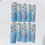 Blue Ombre Floral Crystal Elegant Press On Nails