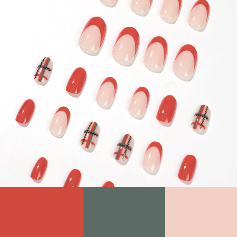 Press onable manicure wholesale Christmas short red and green plaid fake nails piece wholesale removable manicure nails｜365nails