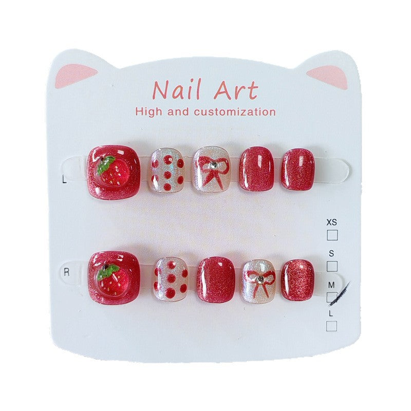 365nails: "crystal red strawberry" – short round handmade kids press-on nails