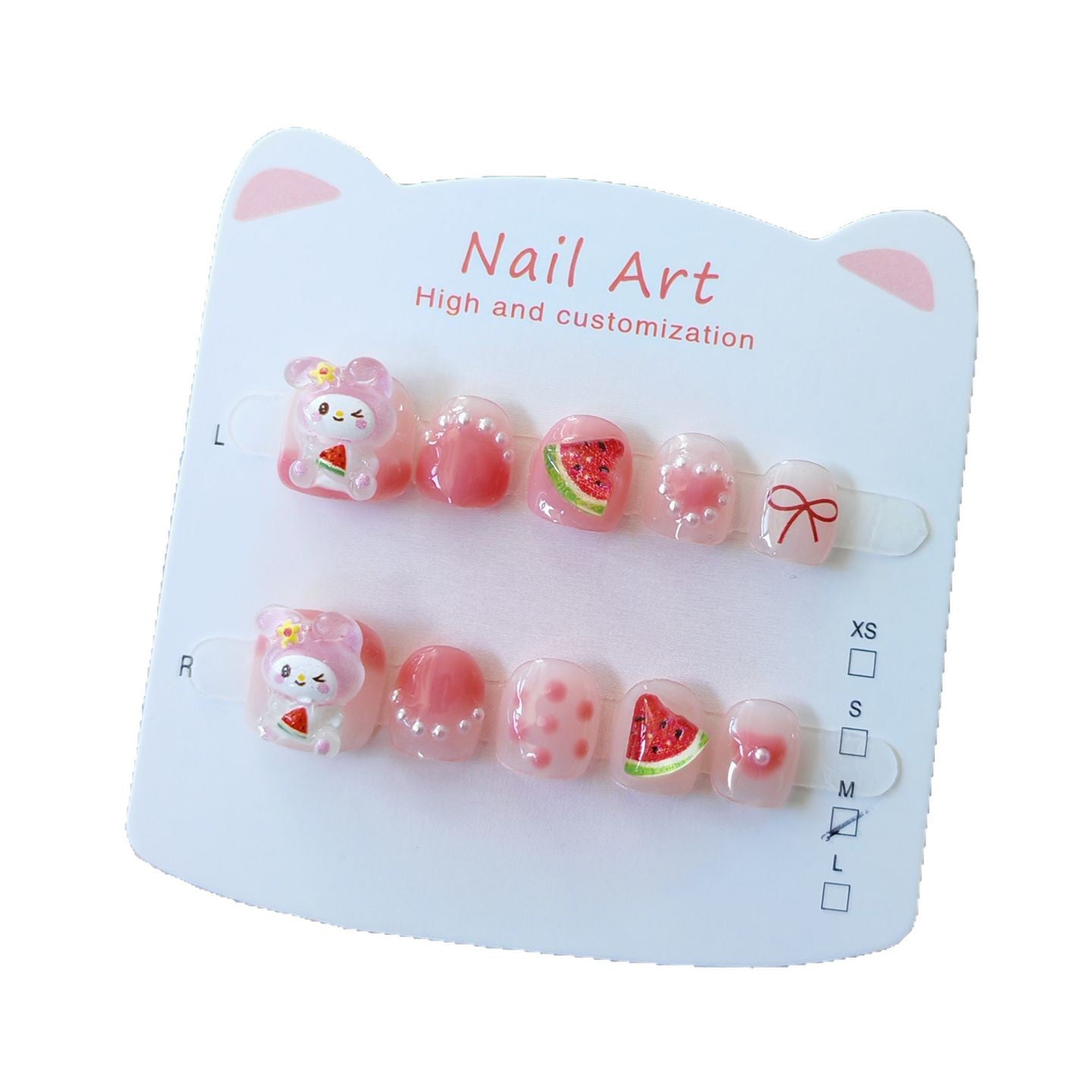 365nails: 「美樂蒂夏日微風」— 手工製可愛短款橢圓形穿戴甲，帶有西瓜與兔子圖案