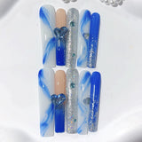 Blue Marble Heart Crystal Glam Press On Nails