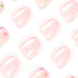 Press on nails short white French nails piece finished multi-colored flower gold glitter nails art press on nails｜365nails