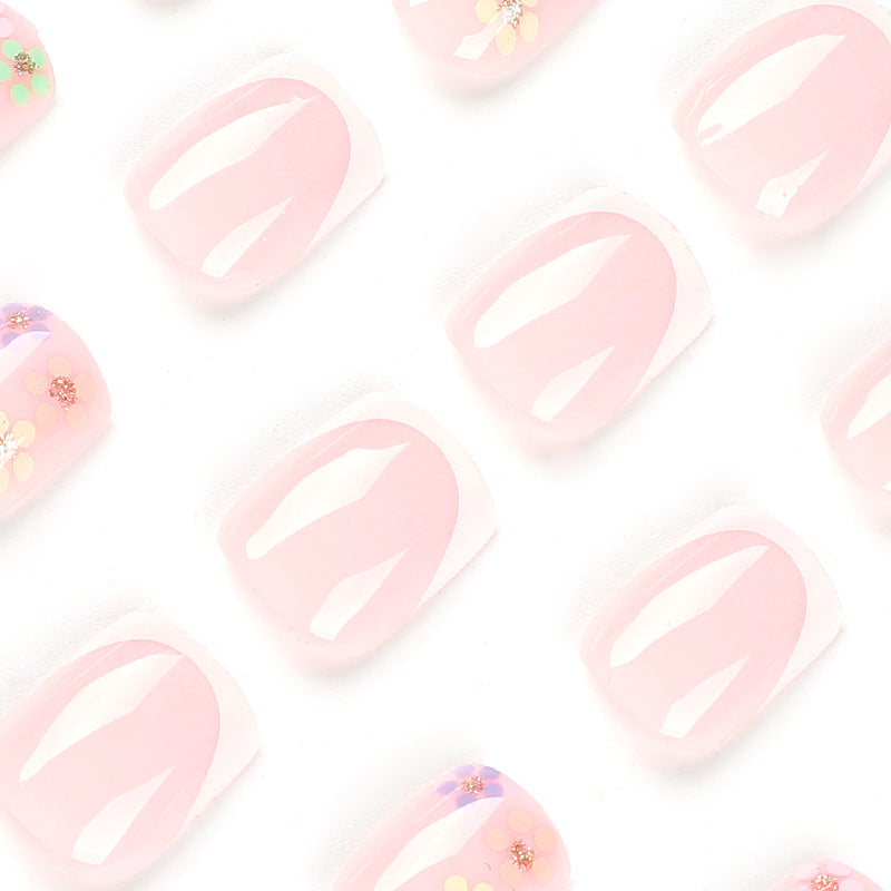 Press on nails short white French nails piece finished multi-colored flower gold glitter nails art press on nails｜365nails