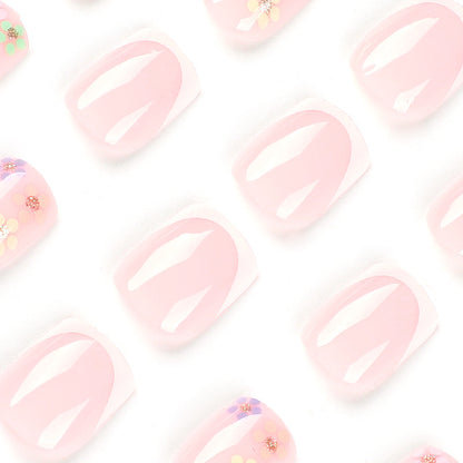 Press on nails short white French nails piece finished multi-colored flower gold glitter nails art press on nails｜365nails