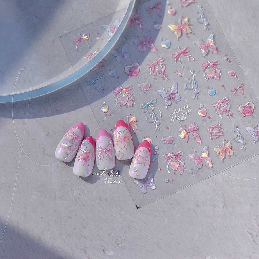 Iridescent Butterfly Bow Collection: "Pastel Dream" – 3D Holographic Nail Sticker