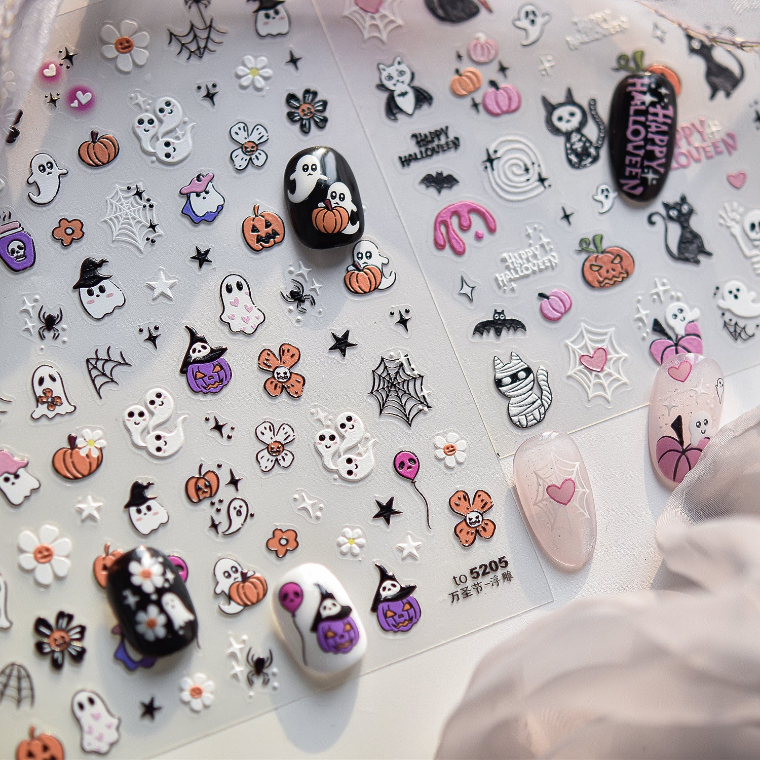 Spooky Halloween: "Pink Cat Halloween" – 3D Embossed Nail Sticker