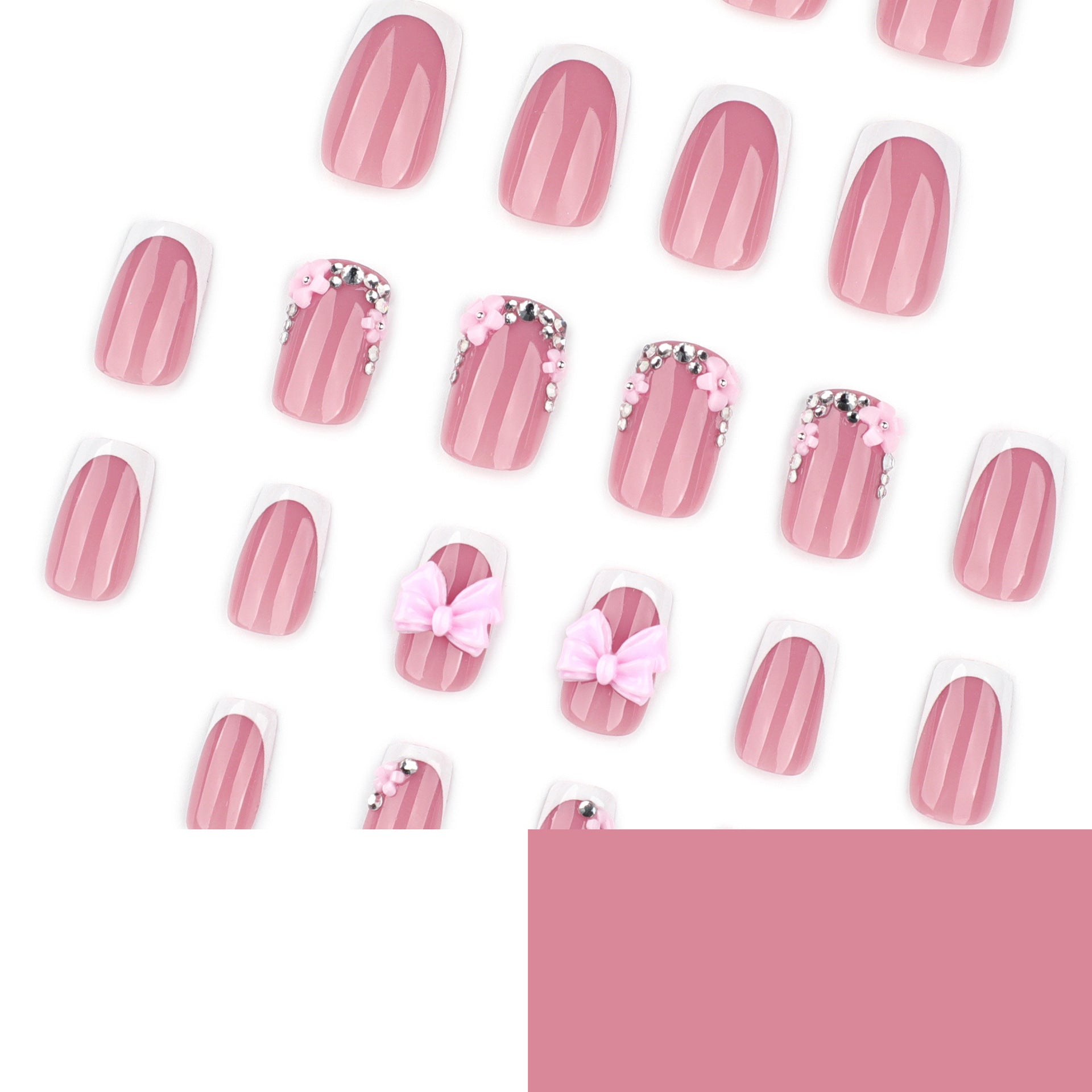 French Square Press On Nails with 3D Pink Bows & Rhinestone Accents