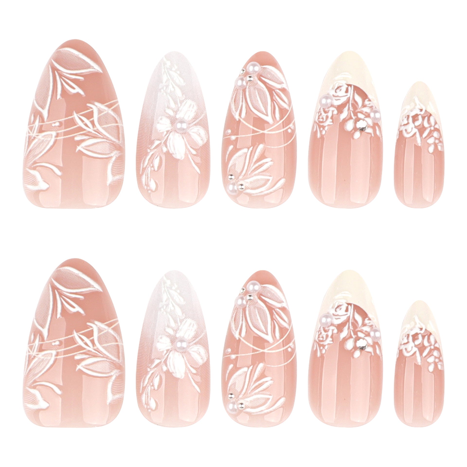 White Floral Embossed Sheer Pink Press On Nails