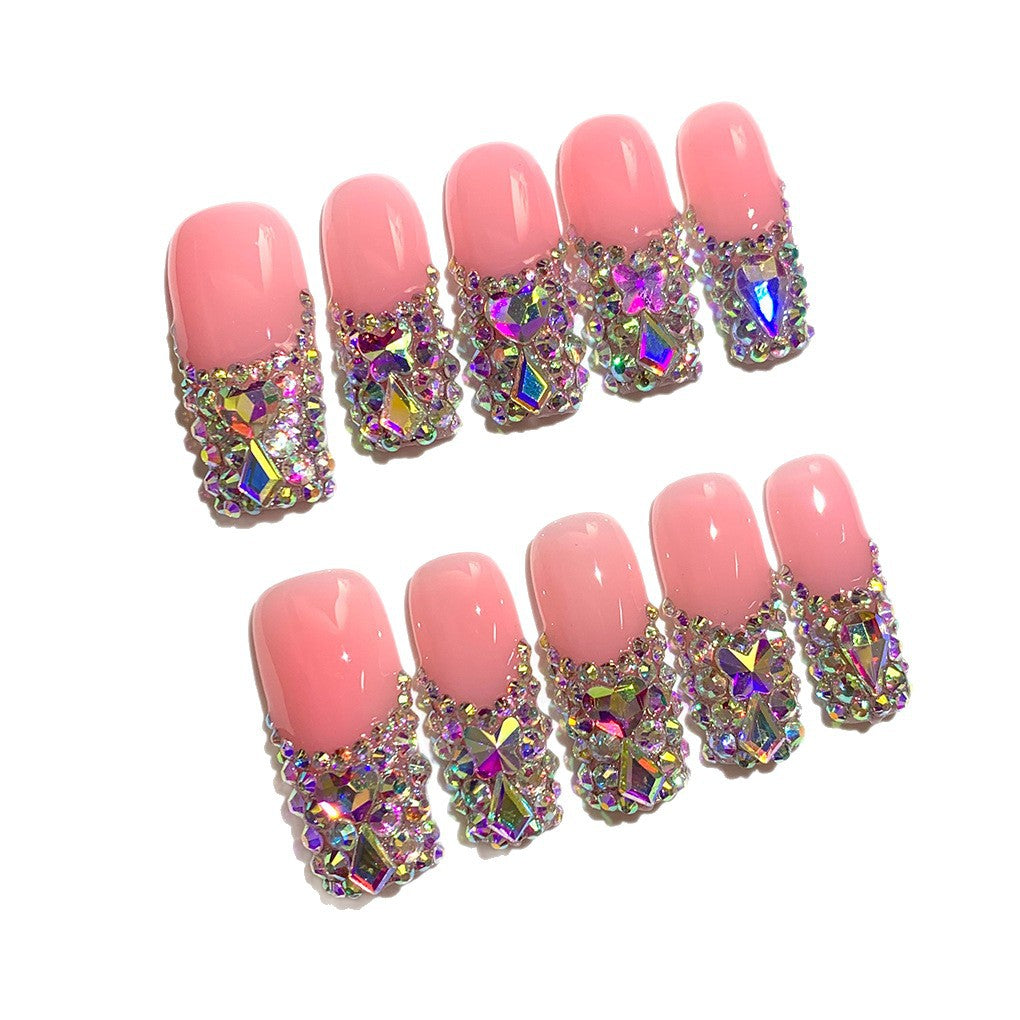 Pink AB Crystal Full Tip Glam Press On Nails