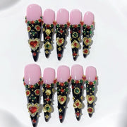Unhas Postiças Rosa e Preta Barrocas com Joias