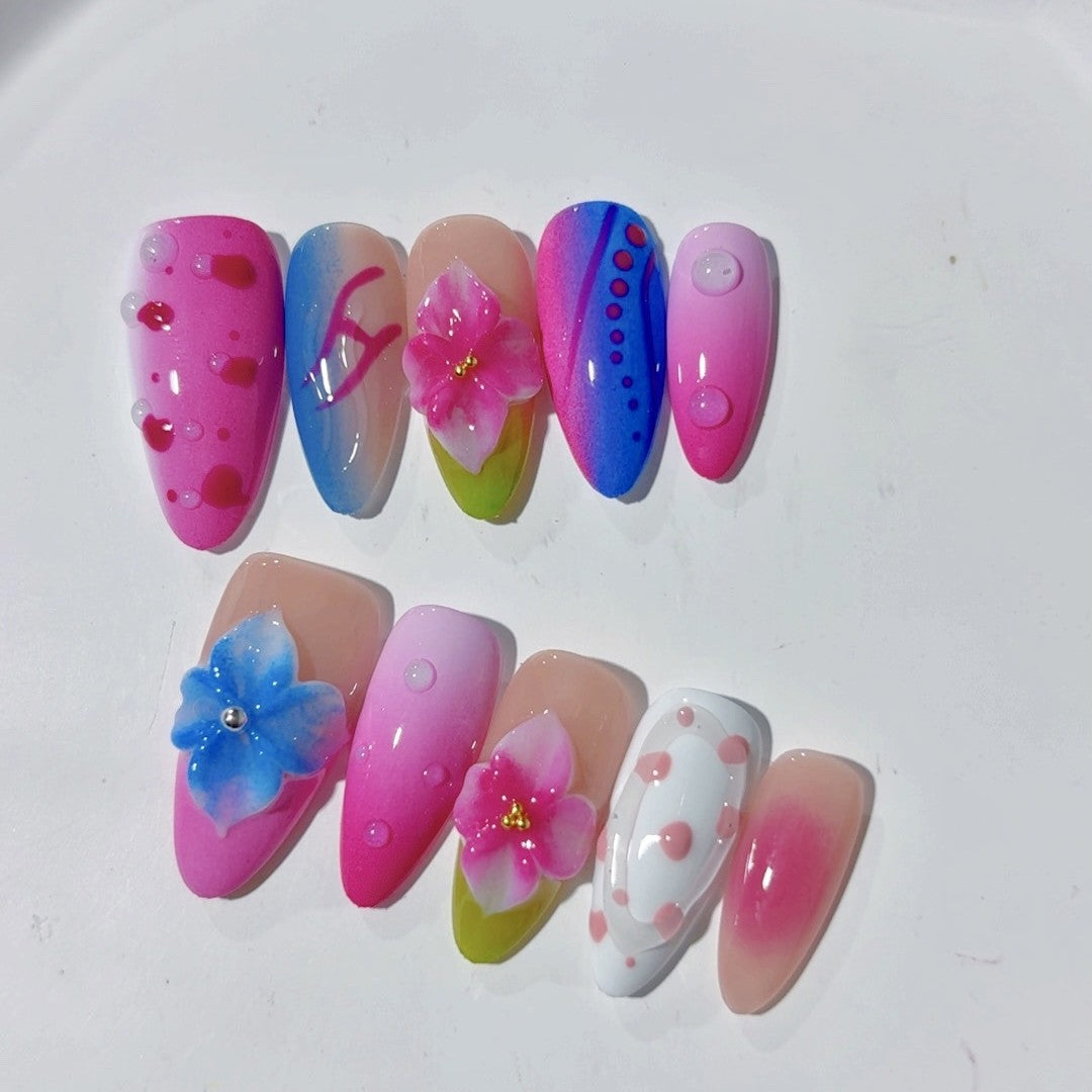 365nails-Jelly Bloom: "Degradê Floral 3D" – Unhas Postiças Longas Amendoadas Feitas à Mão