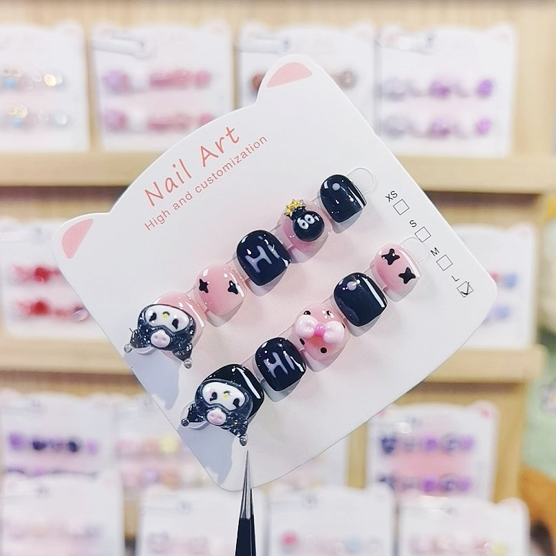 Ongles press-on mignons pour enfants Rotary Kulomie — noir et rose