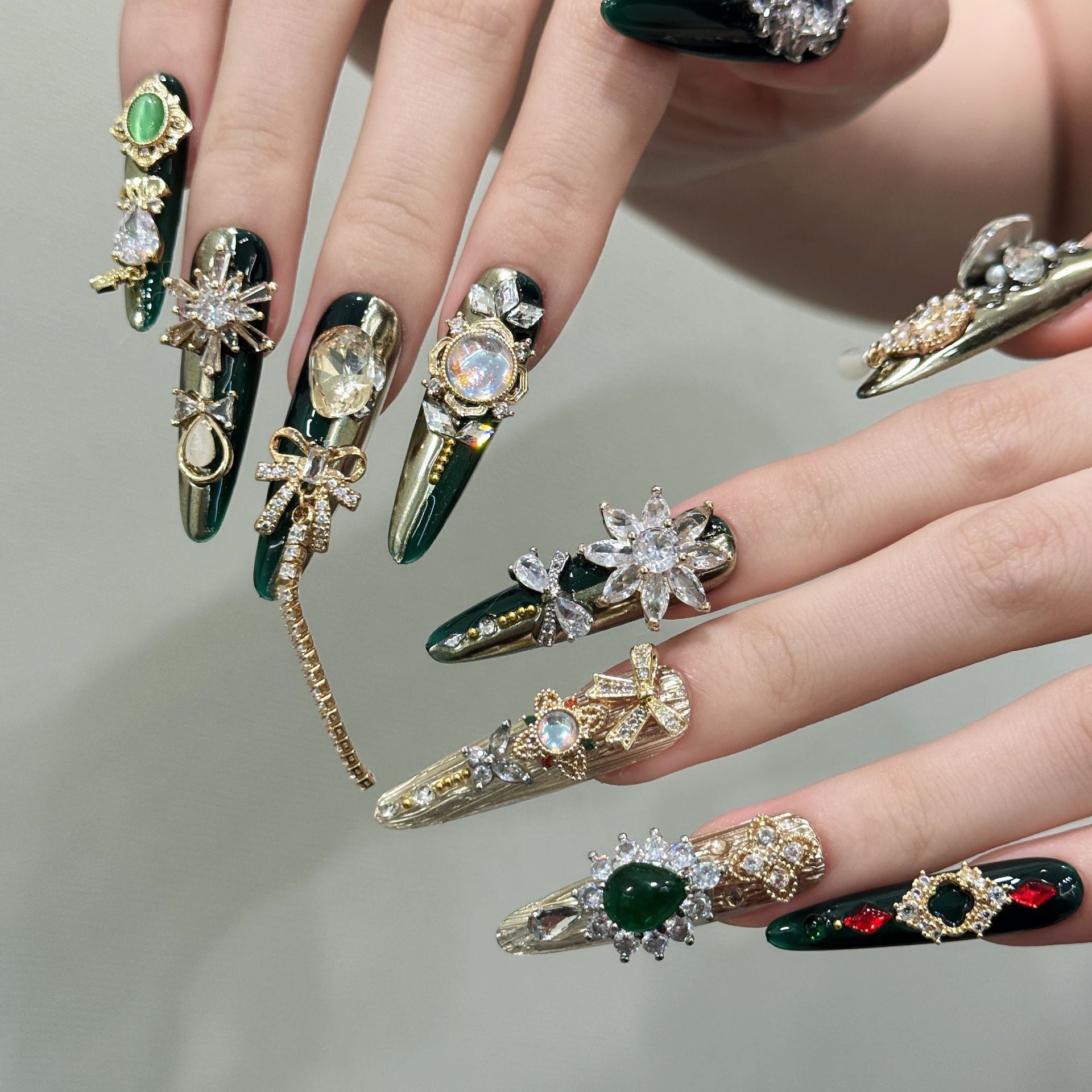 365nails: "Emerald Majesty" – 3D Gemstone & Filigree Handmade Long Almond Nails