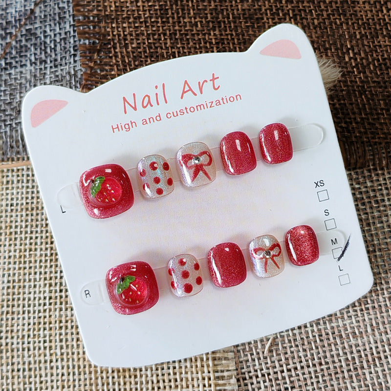 365nails: "crystal red strawberry" – short round handmade kids press-on nails