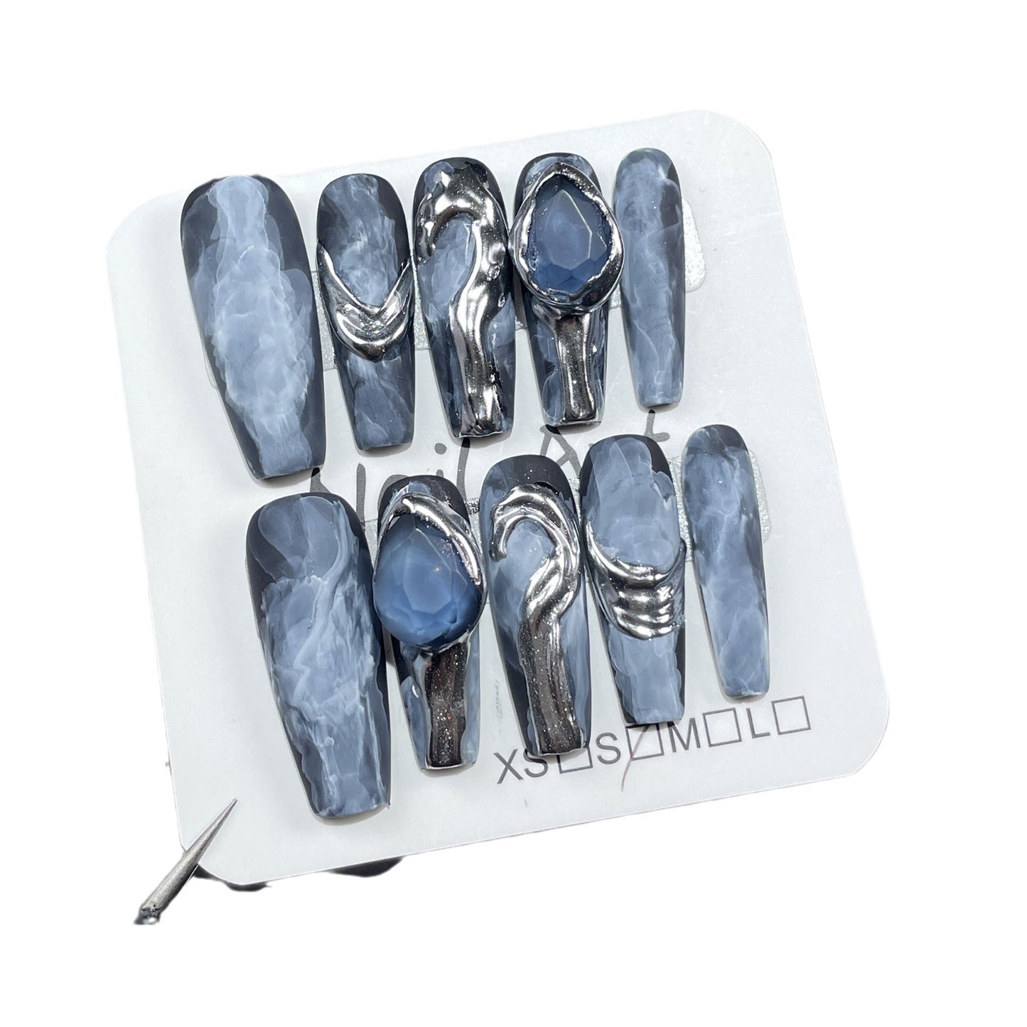 Light luxury heavy industry handmade press-on nails watercolor smudge advanced long nail art patch metal three-dimensional modeling fake nails｜365nails