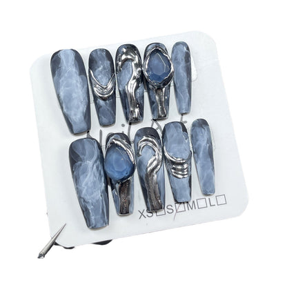 Light luxury heavy industry handmade press-on nails watercolor smudge advanced long nail art patch metal three-dimensional modeling fake nails｜365nails