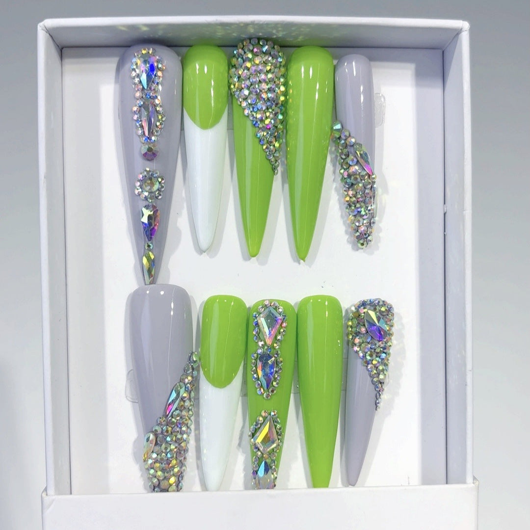 Neon Green Rhinestone Extra Long Press On Nails