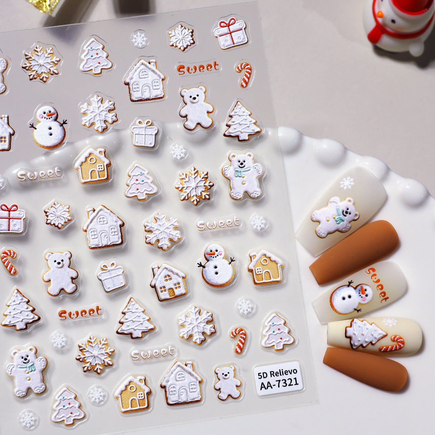 Original Christmas snowman manicure sticker 5D relief three-dimensional colored Christmas tree DIY nail sticker jewelry AA