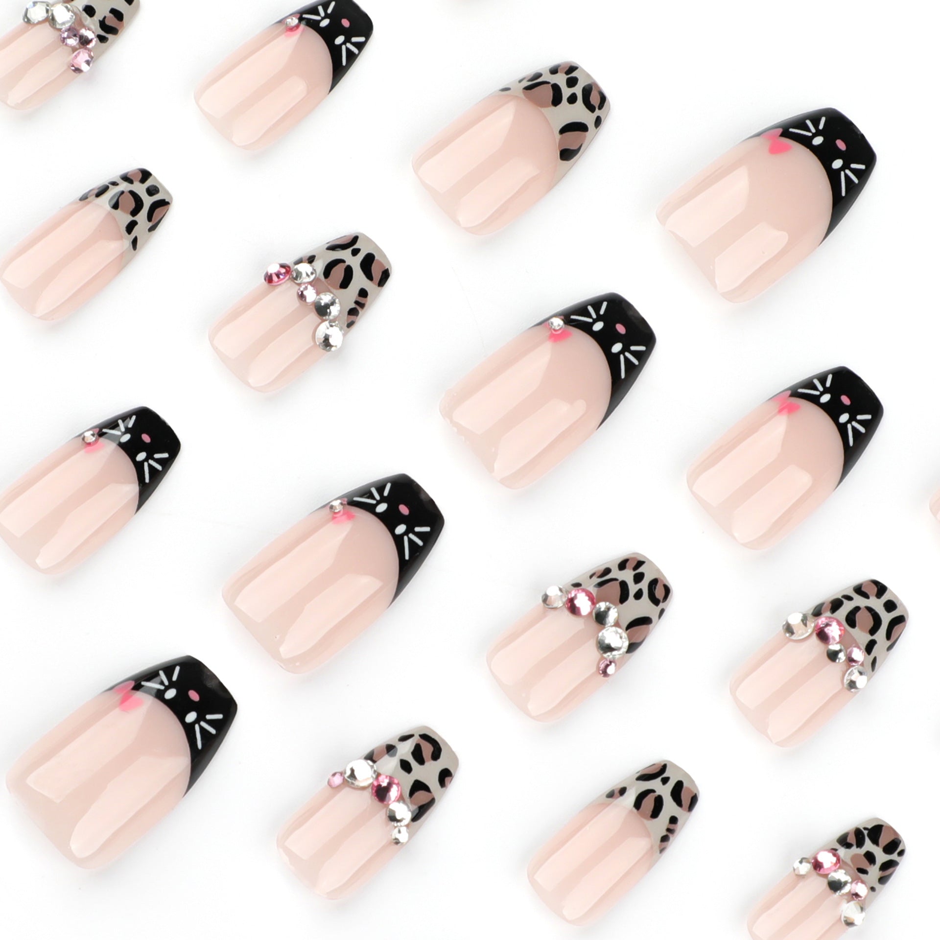 Manicure curta de balé com estampa de leopardo francesa, doce e descolada, com flash de diamante, unha postiça, peça de unha vestível mais vendida｜365nails