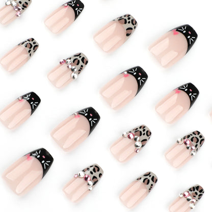 Sweet and cool French leopard print short ballet manicure flash diamond flash manicure fake nail  hot-selling wearable nail piece｜365nails