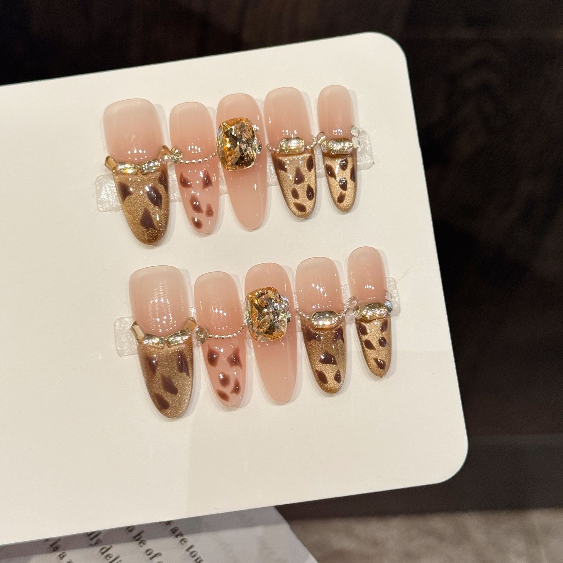 365nails: "Safari Chic" – Leopard Print & Crystal Embellished Cat-Eye Handmade Almond Nails