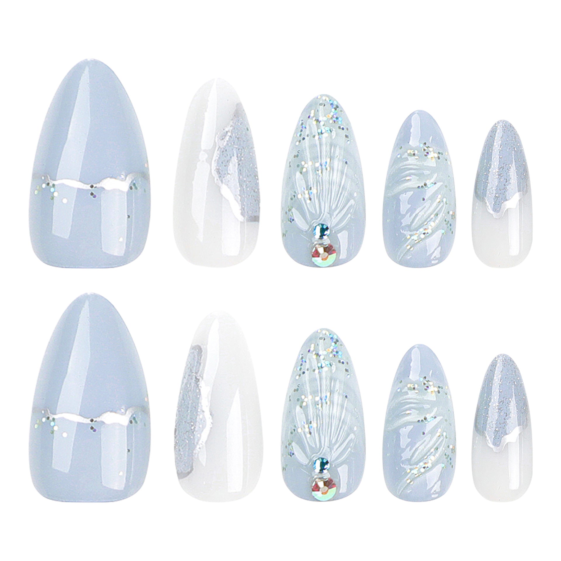 熱銷成品甲片 — 冷色系3D水滴貝殼款 杏仁形｜批發｜365nails