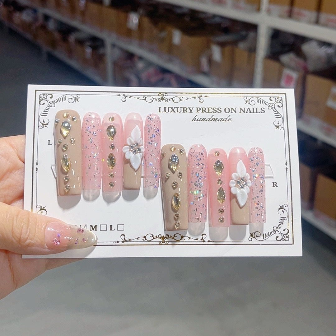 Blush Nude Crystal Floral Luxury Press On Nails