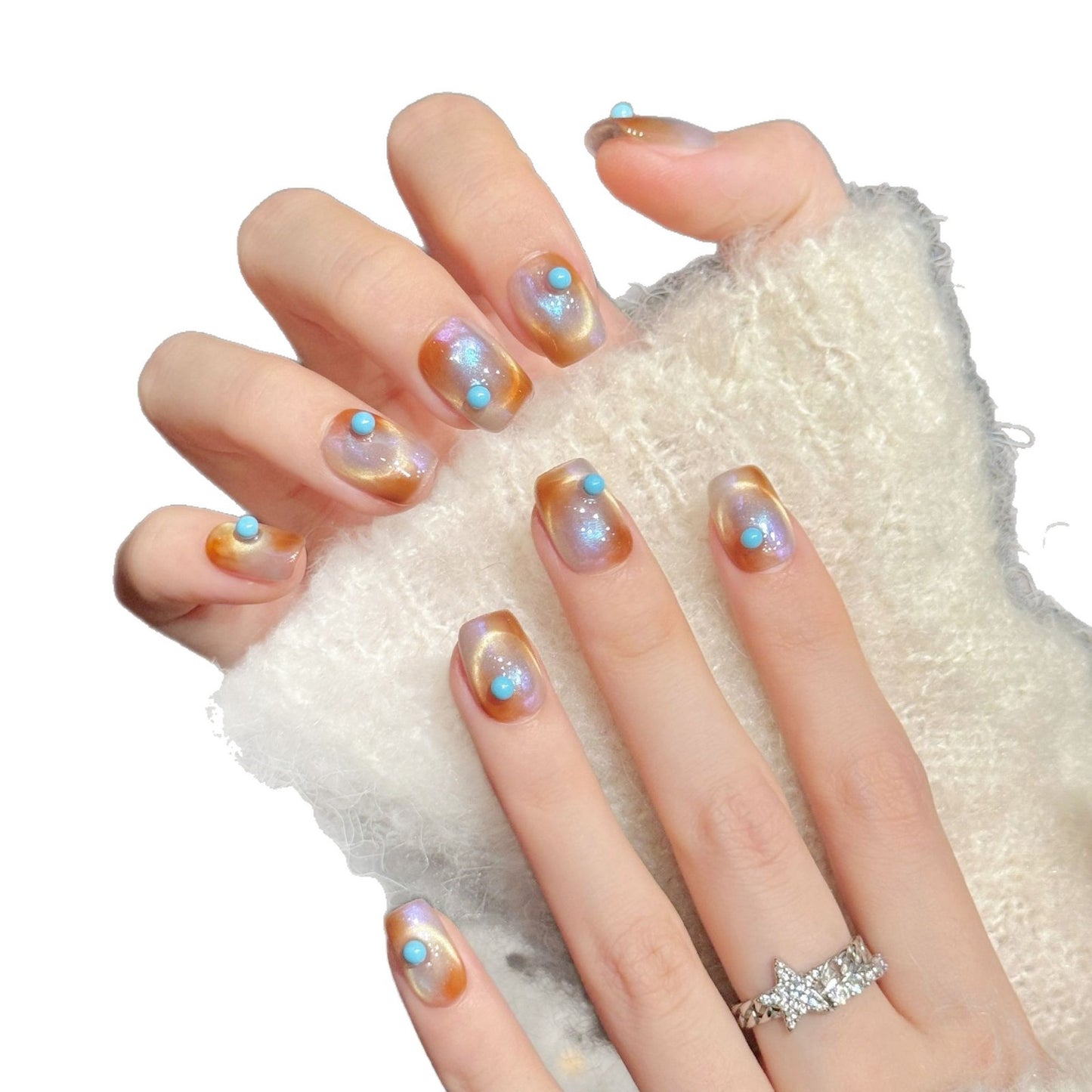 Orange Blue Aura Cat Eye Press On Nails