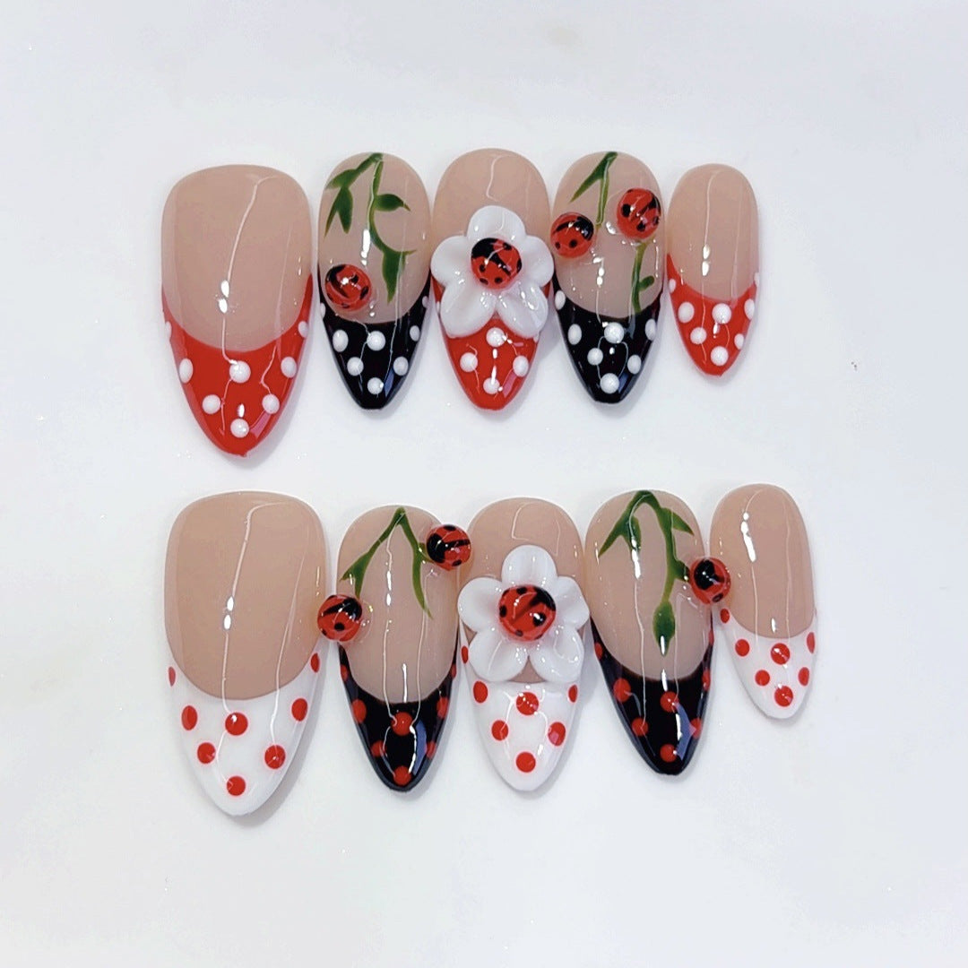 Ladybug Garden: "Polka Dot & Floral" – Almond Press-On Nails