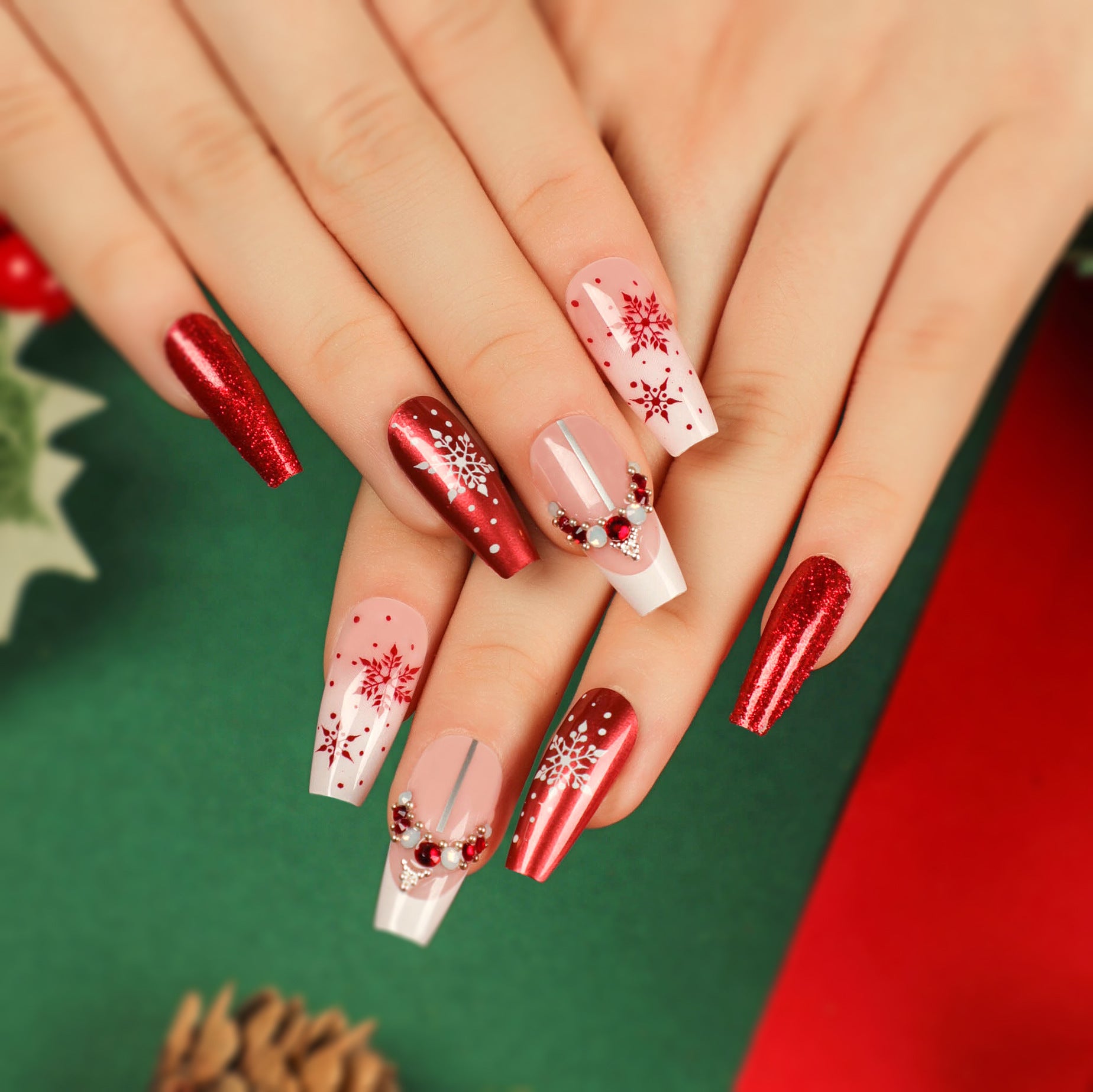 Explosão de floco de neve de Natal unhas postiças remendo destacável unhas de pressão manicure peça de unhas produto acabado fábrica atacado ｜365nails