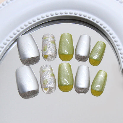 Nail Tips  prefabricated nail clear green fragments fine flash quicksand cat eye fashion white  nail patch 3｜365nails