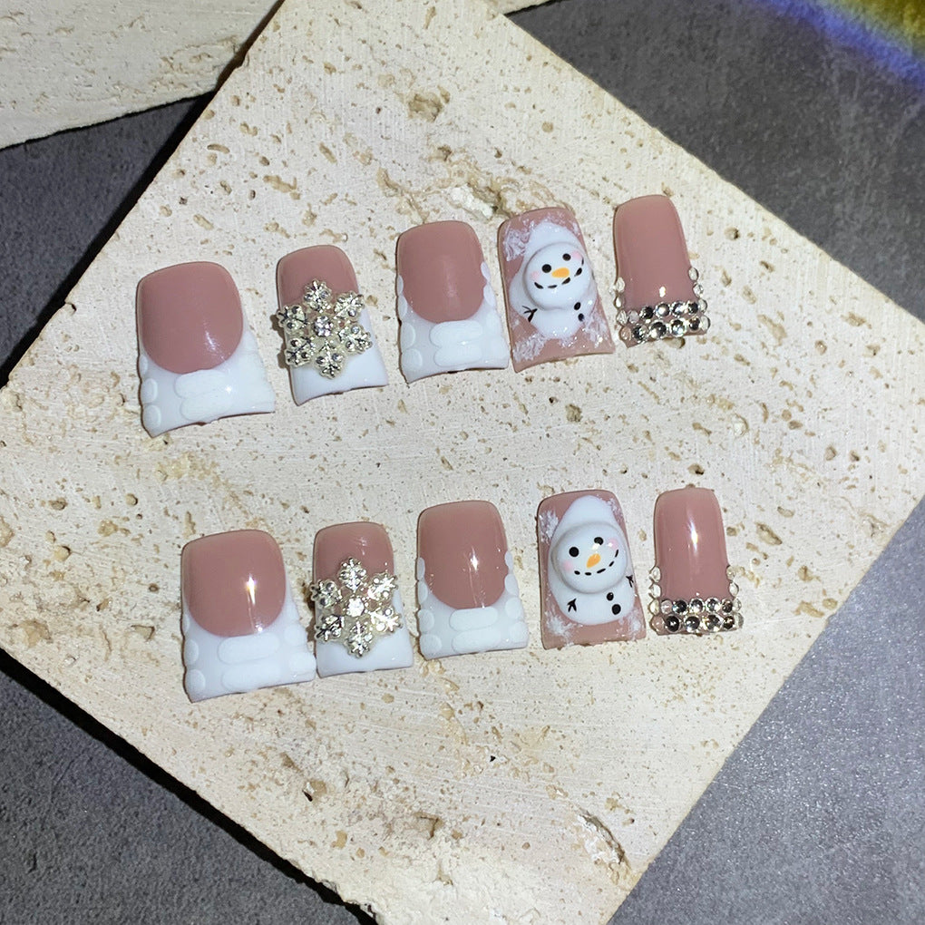 Nude Winter Nails with Snowman and Crystal Details