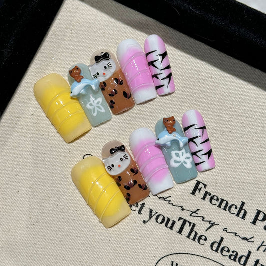 relief kitty cat cartoon cigarette pipe square nails zebra pattern handmade press on nails fake nails batch | 365nails