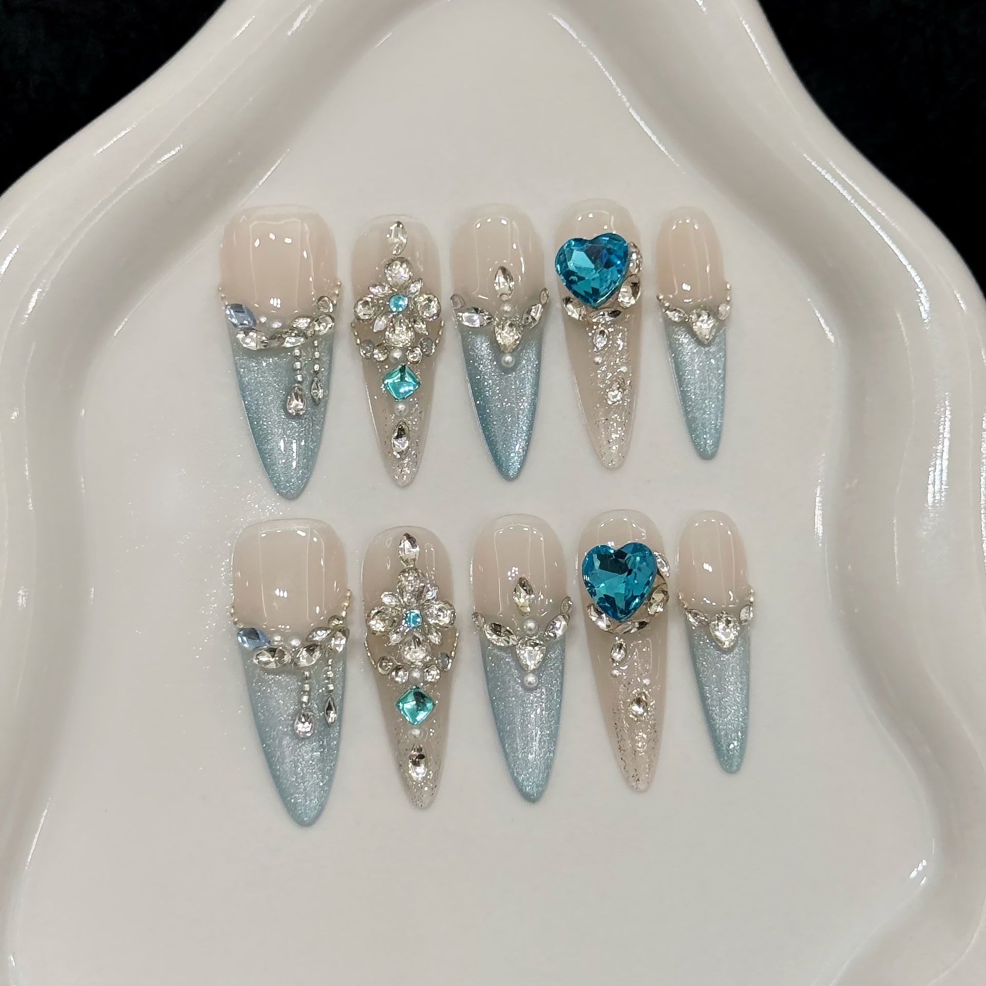 365nails: "Heart of the Ocean" – 3D Gemstone Encrusted Handmade Stiletto Nails
