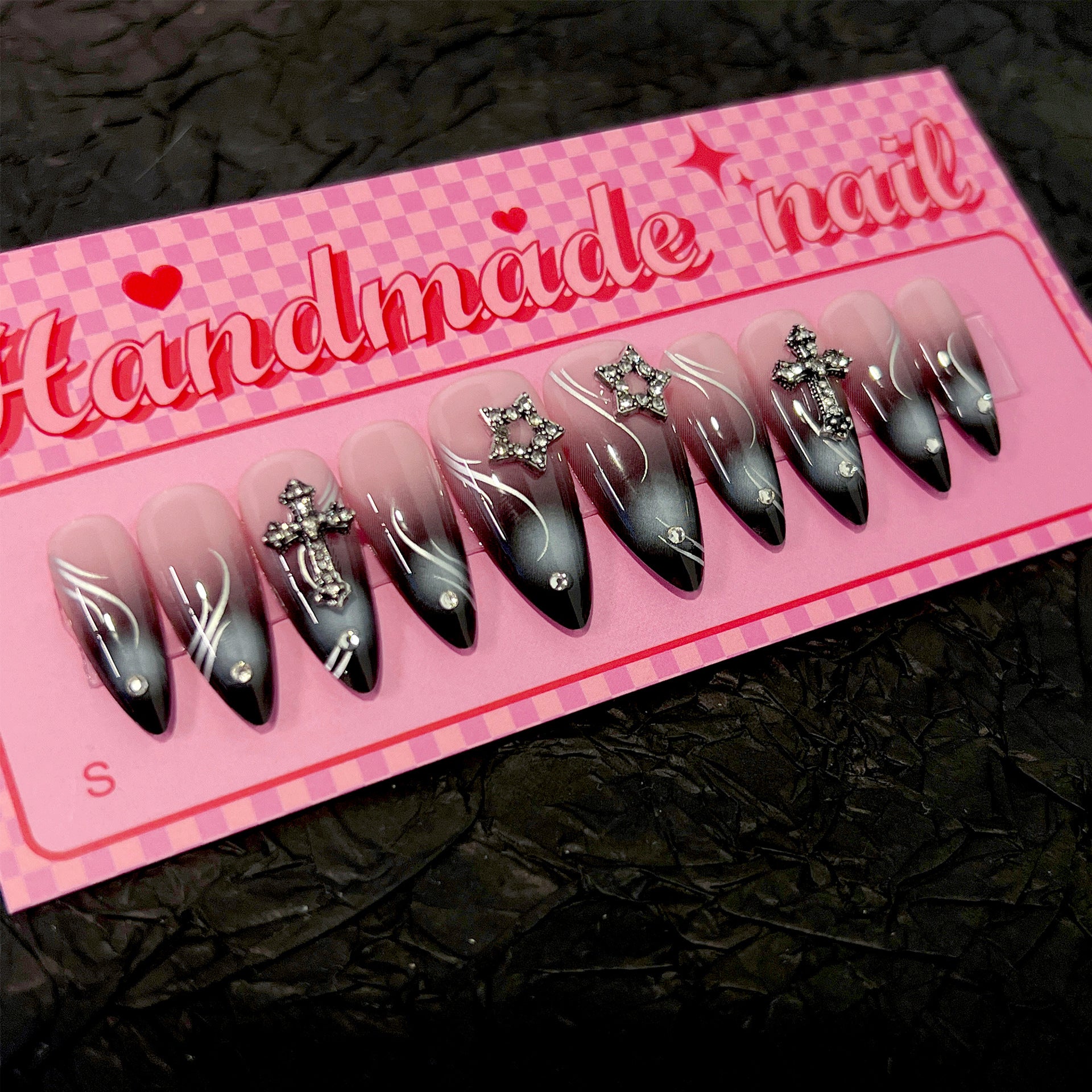 Red-Black Ombre Flame-Inspired Handmade Press-On Nails | Stiletto | Silver Cross Charms with Rhinestones
