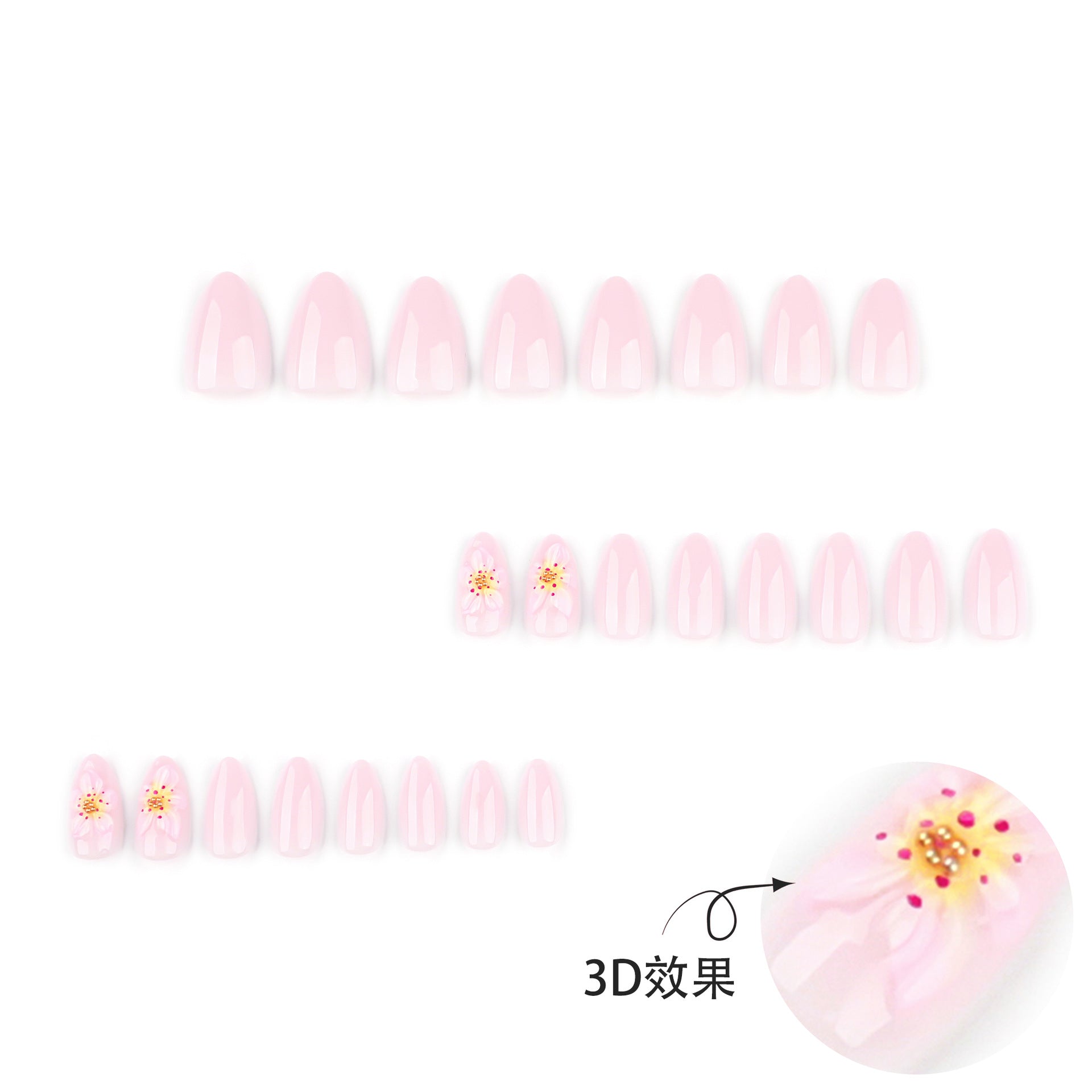 Short almond 3D three-dimensional fresh flower press-on nails