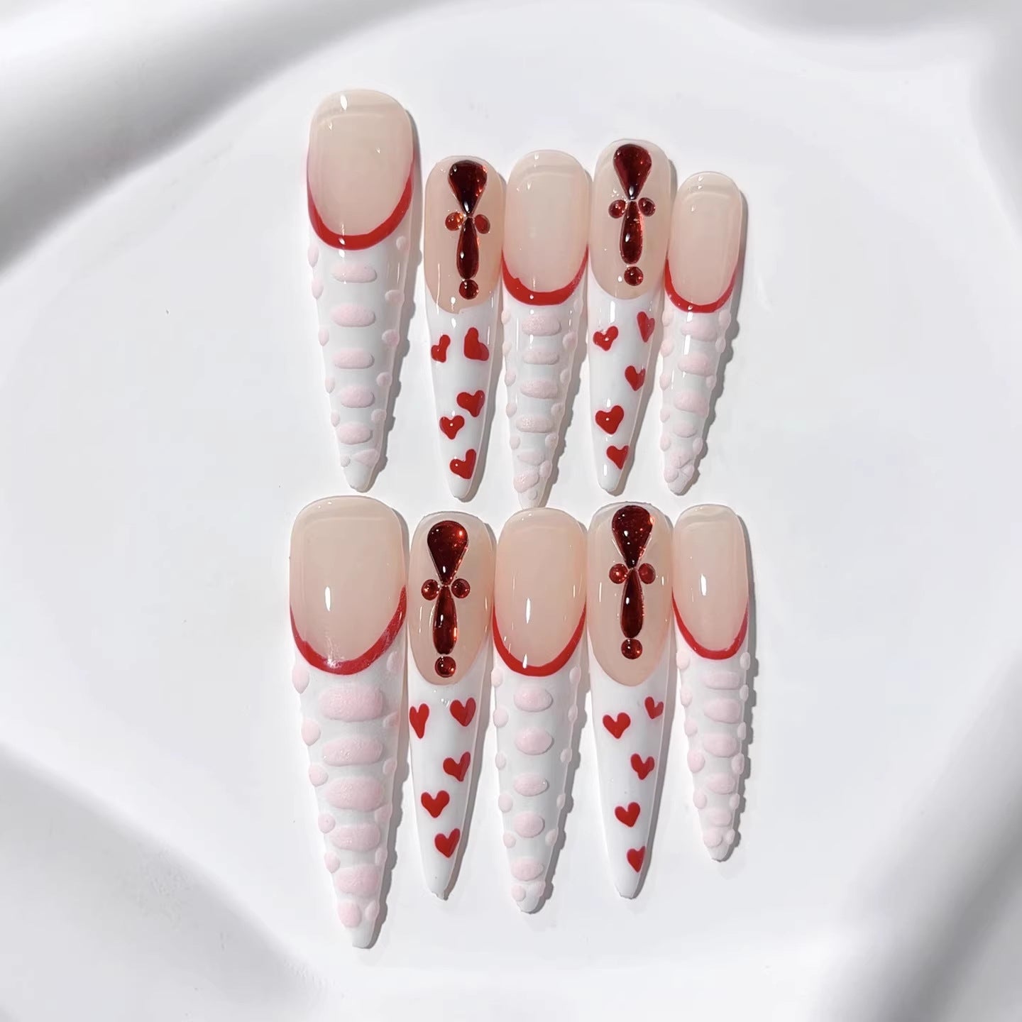 365nails: "Crimson Heart Ribbon" – Long Stiletto French Tip Handmade Press-On Nails