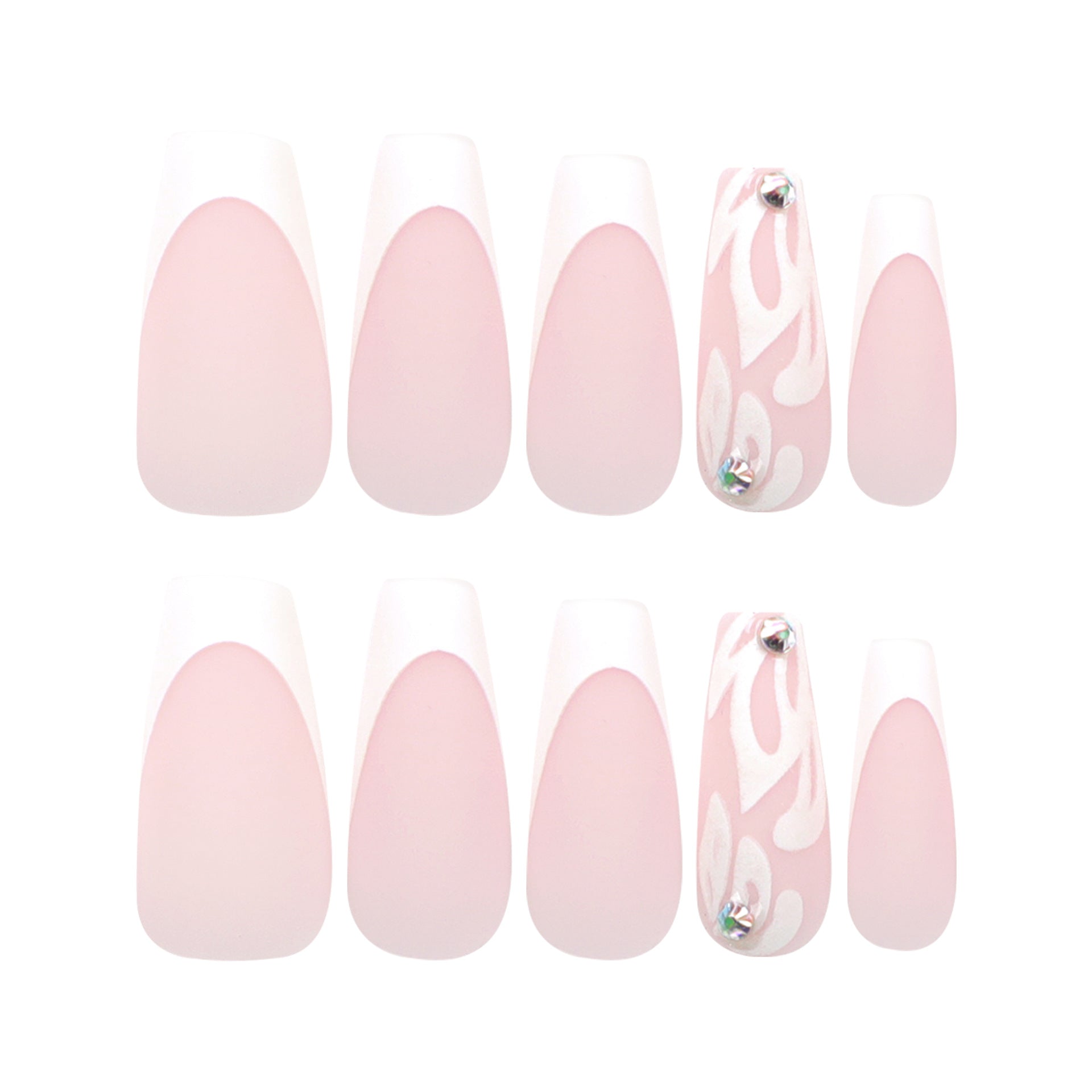 French white medium and long press on nails silver glitter flower nails patch nude point diamond nails piece finished product wholesale｜365nails