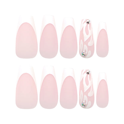 Unhas francesas brancas médias e longas com glitter prateado, aplique de flor, unhas nude com ponta de diamante, produto acabado no atacado ｜365nails