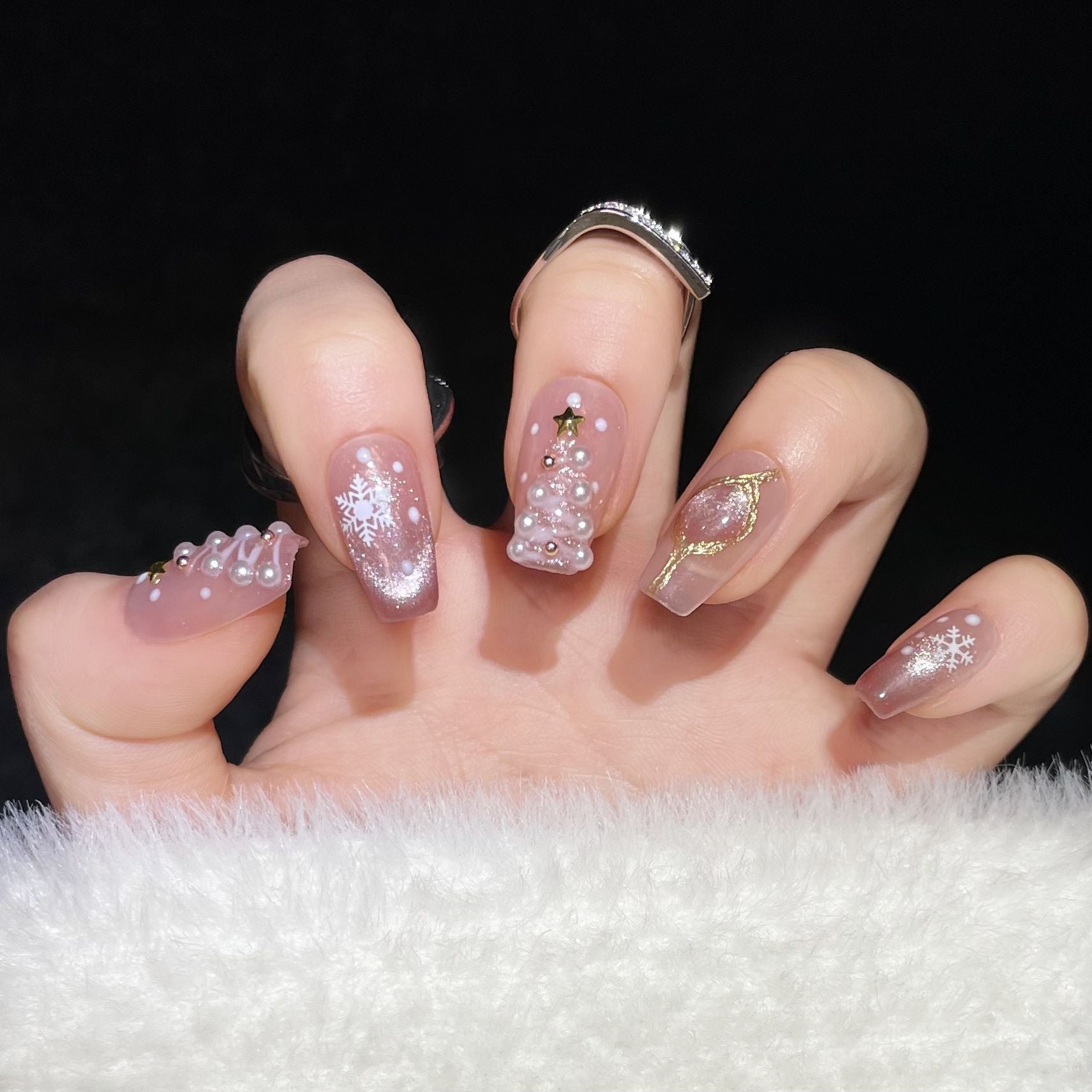 Nude Pink Christmas Press‑On Nails – Snowflake & Star Pearl Design