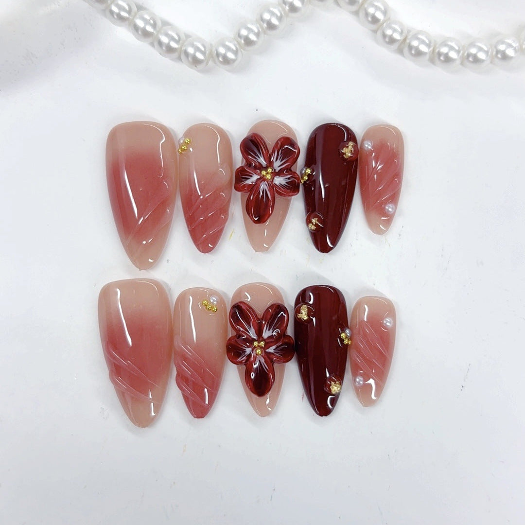 Crimson Bloom: "Scarlet Lily Grace" – Almond Press-On Nails