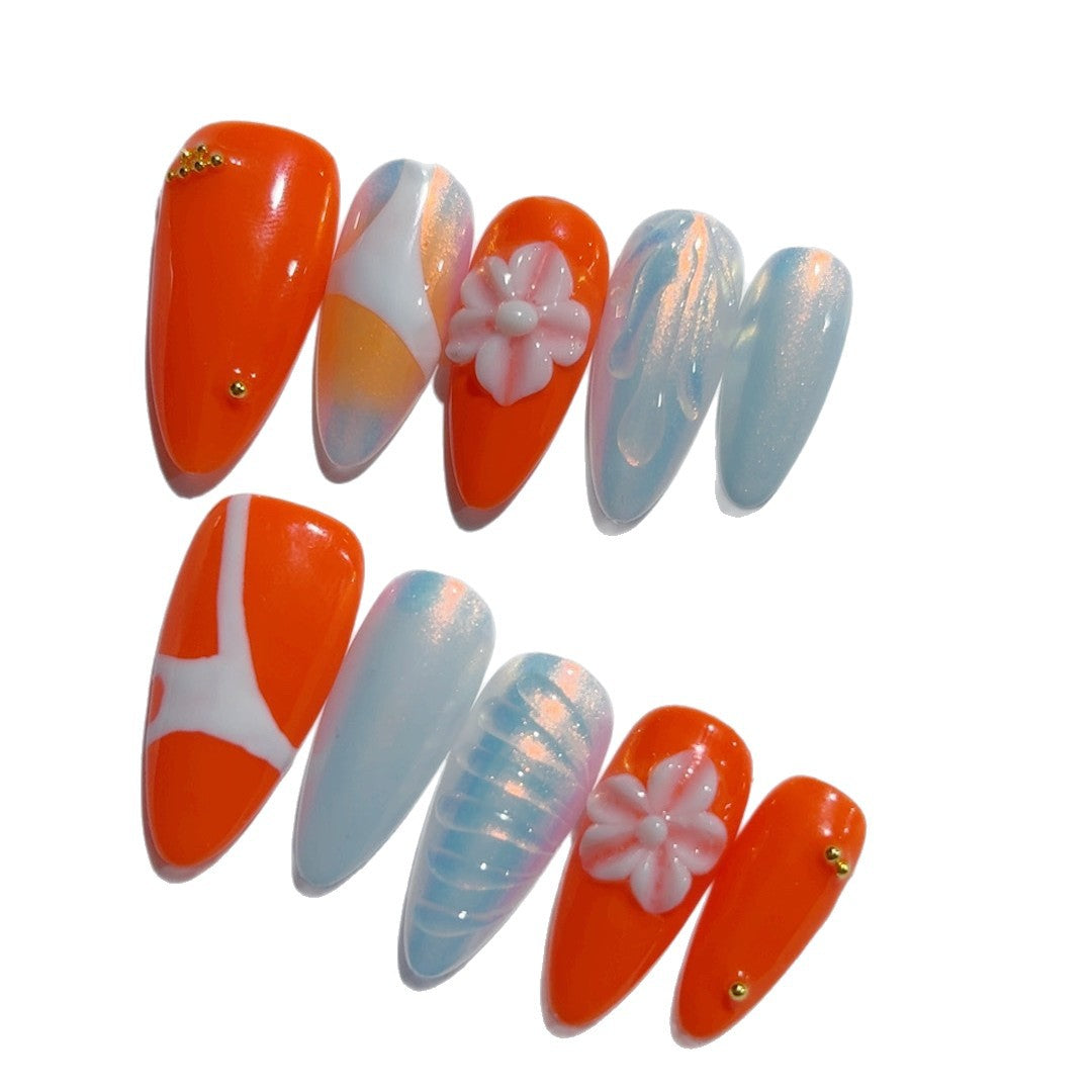 365nails-Coral Bloom: "Tropical Frangipani" – Almond Shape Handmade 3D Carved Press-On Nails