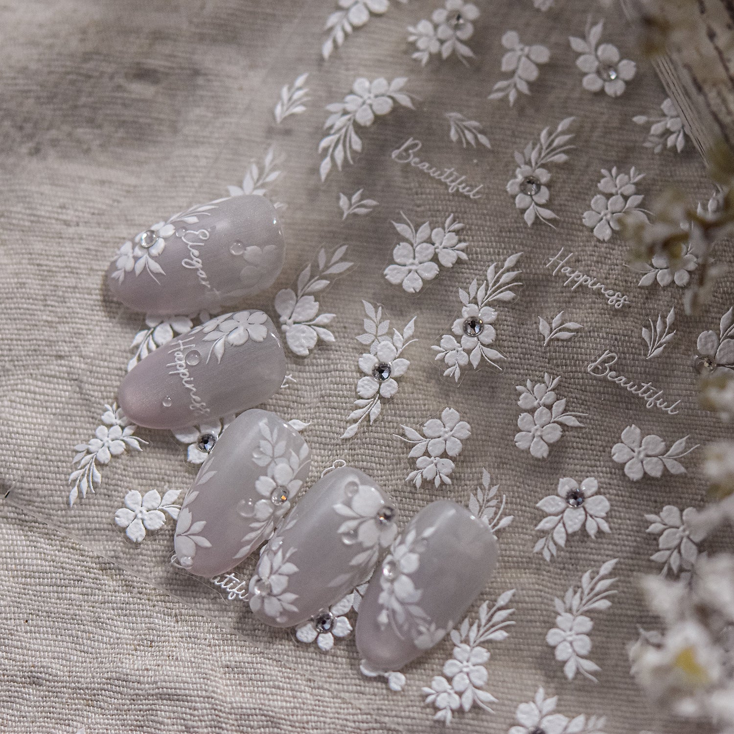 White Floral & Script: "Rainy Garden" – 5D Crystal Diamond Nail Sticker