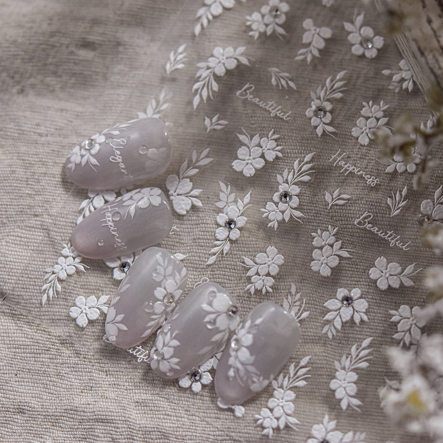 White Floral & Script: "Rainy Garden" – 5D Crystal Diamond Nail Sticker