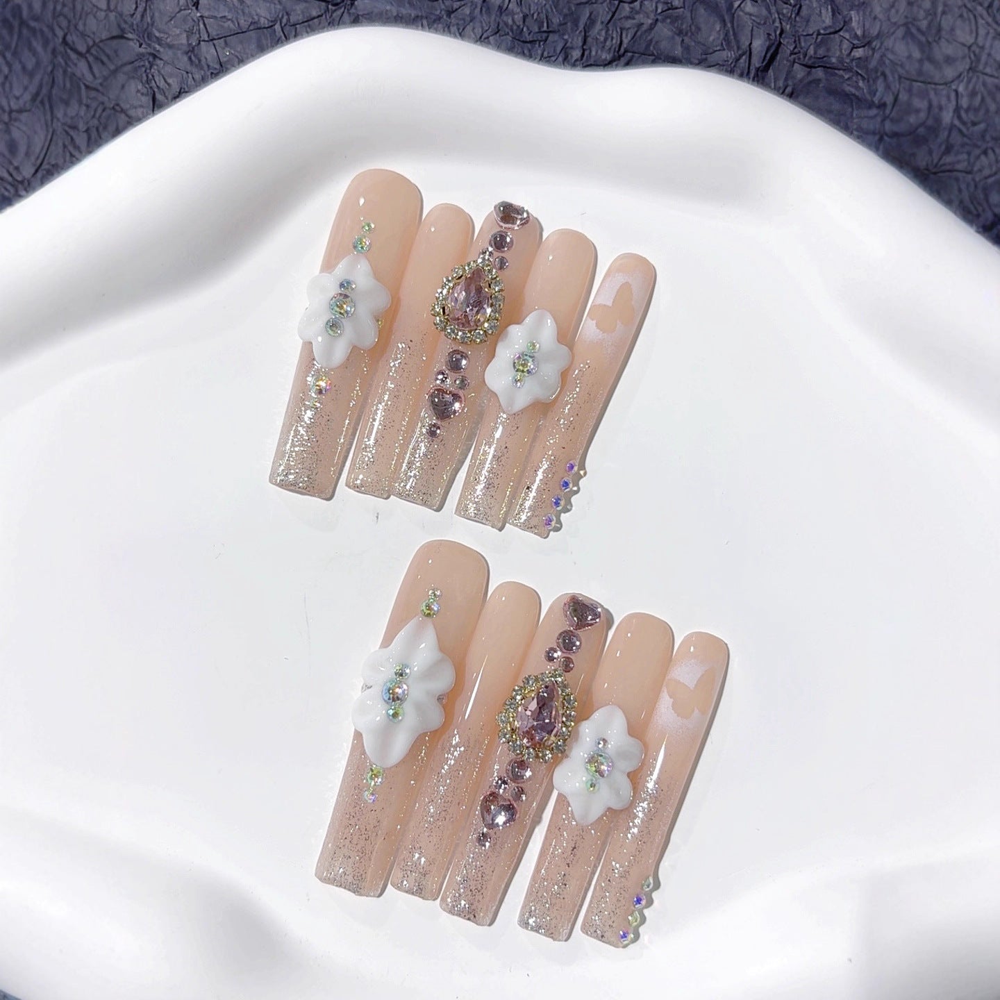 Nude Crystal Floral Elegant Luxury Press On Nails