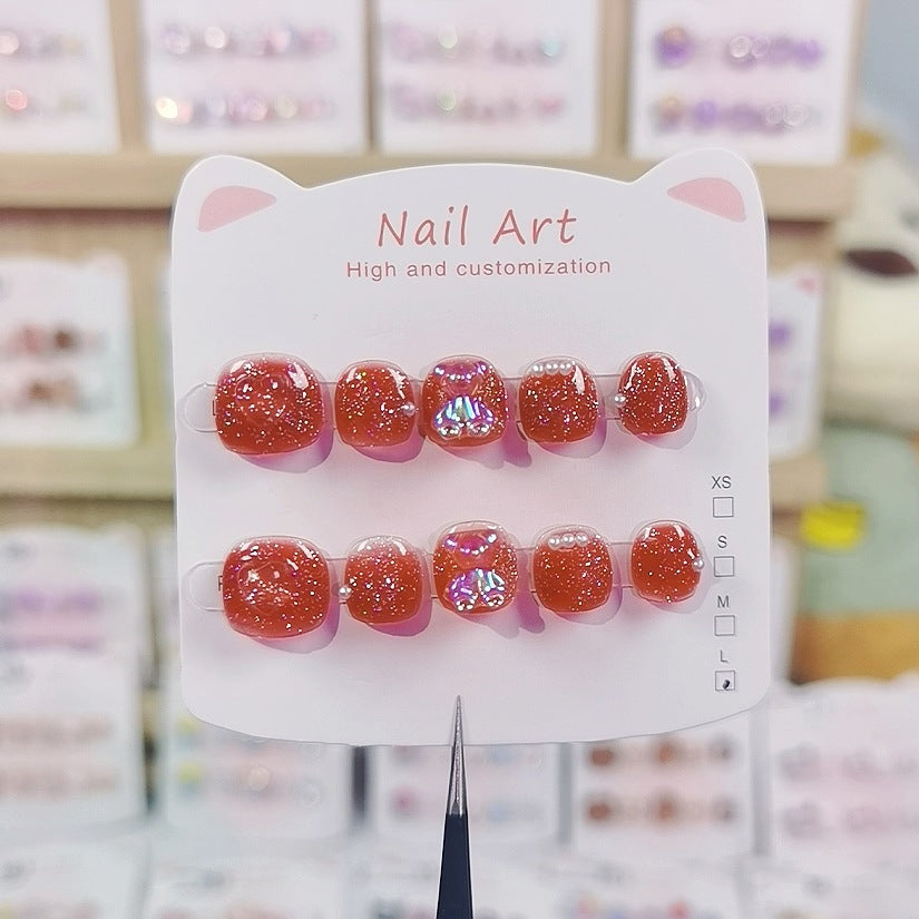 Red Glitter Crystal Cute Kids Press On Nails Set