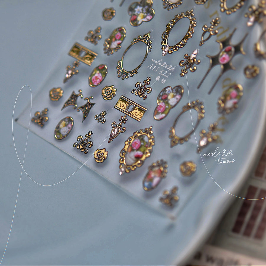 Vintage Frame & Floral: "Antique Crystal" – 3D Embossed Nail Sticker